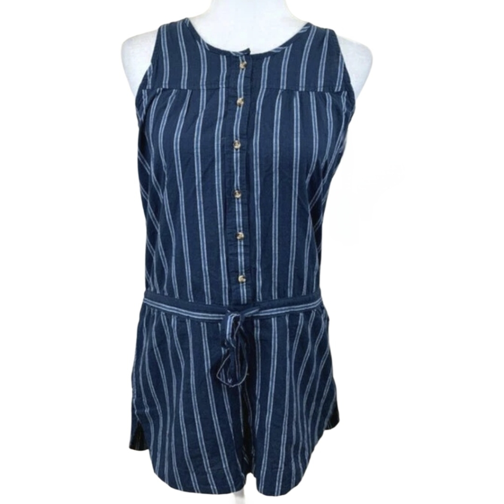 Sandy & Sid Cotton Striped Shorts Romper Cinch Waist 4 Pockets Navy White Medium